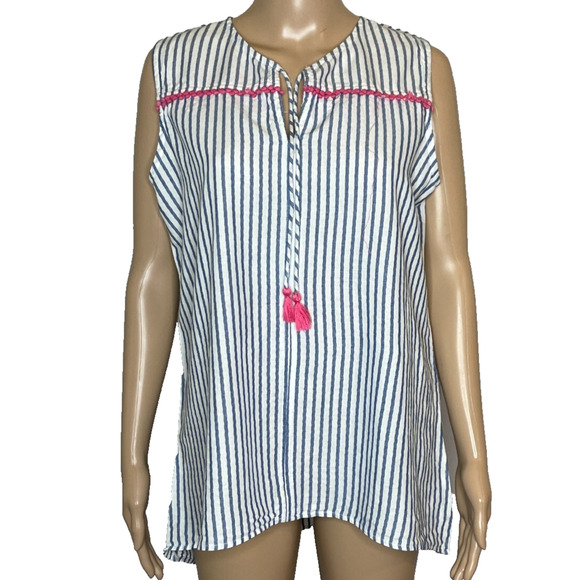 fresh produce Tops - Women's Medium Fresh Produce Blue Stripe Tassel Sleeveless Cotton Blouse